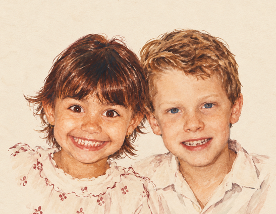 Ilustração de Carol e João quando crianças