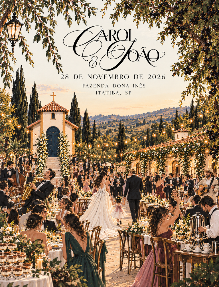 Convite ilustrado de Carol e João: 28 de novembro de 2026, Fazenda Dona Inês, Itatiba, SP. Uma festa entre flores, música e luzes, com os noivos e Duda ao centro.