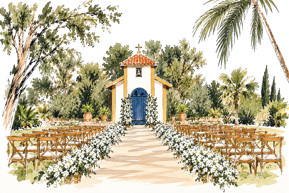 Capela da fazenda entre árvores e flores